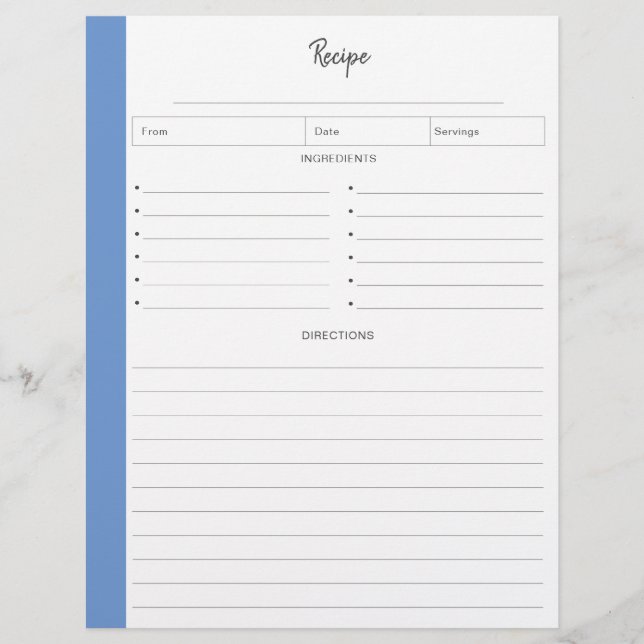 Lined Recipe Pages in Blue letter format (Front)