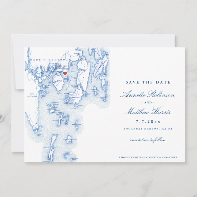 Linekin Bay Resort Maine Elegant Blue Map Save The Date (Front)