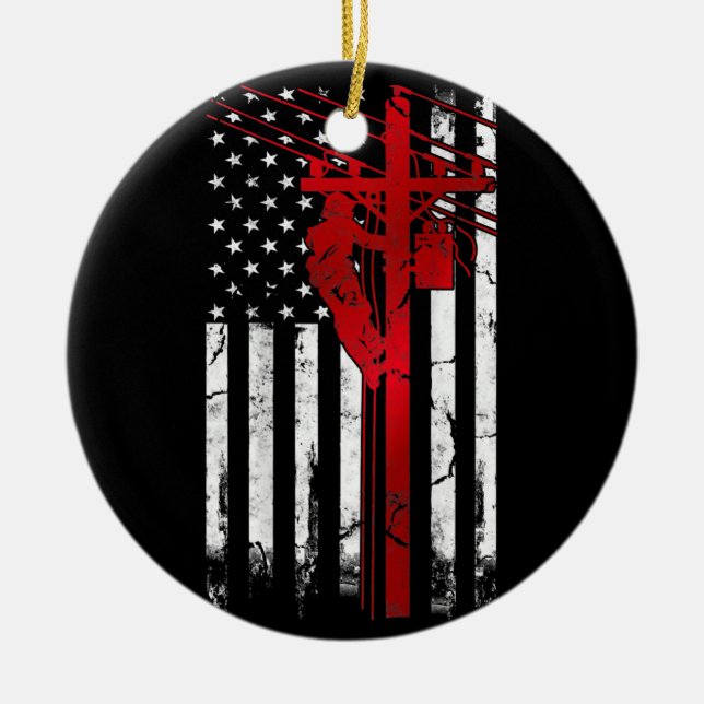 Lineman American Flag Electric Cable Lineman Ceramic Ornament (Front)