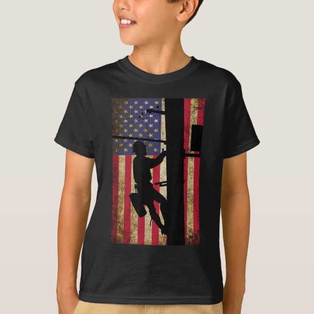 Lineman American Flag Electric Cable Lineman Gift T-Shirt (Front)