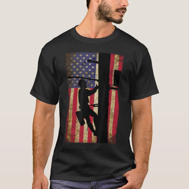 Lineman American Flag Electric Cable Lineman Gift T-Shirt (Front)