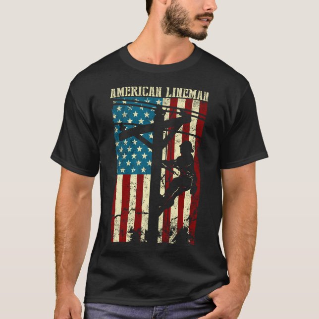 Lineman American Flag Electric Cable Patriotic Lin T-Shirt (Front)