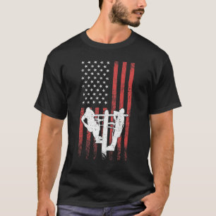 Lineman Electric Cable Lineman Power Pole USA Flag T-Shirt