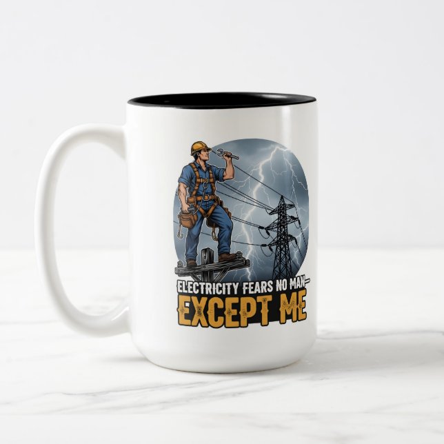 Lineman Lightning Bolt Power Line Hero Two-Tone Coffee Mug (Left)