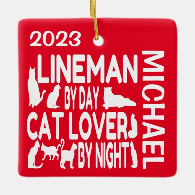 Lineman Loves Cats CUSTOM Ceramic Ornament (Front)
