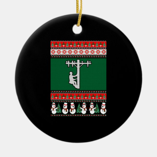 Lineman Ugly Christmas Sweater Ceramic Ornament (Front)