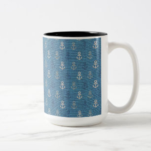 Linen Anchors on Blue Two-Tone Coffee Mug