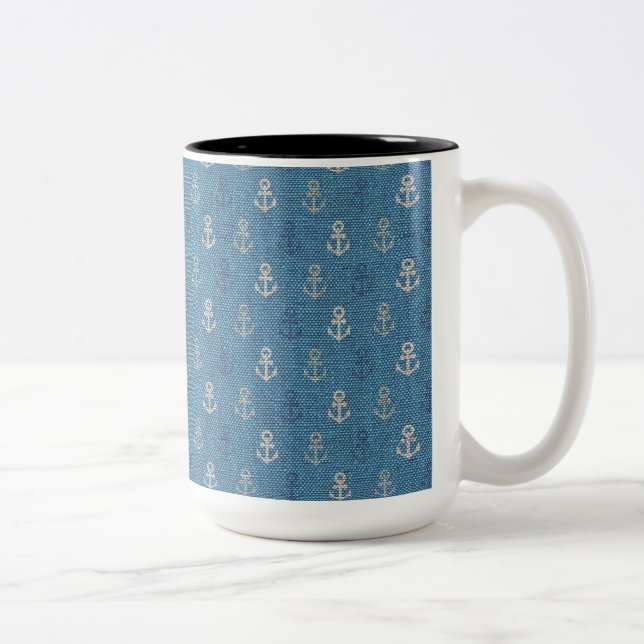 Linen Anchors on Blue Two-Tone Coffee Mug (Right)