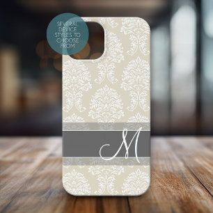 Linen and Charcoal Damask Pattern with Monogram iPhone 15 Case