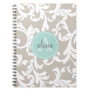 Linen and Mint Monogrammed Damask Print Notebook