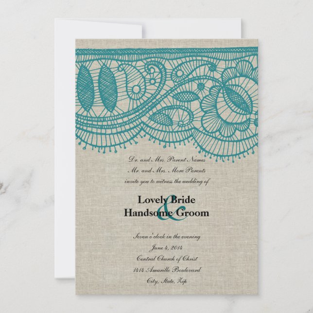 Linen and Teal Lace Wedding Invitation (Front)