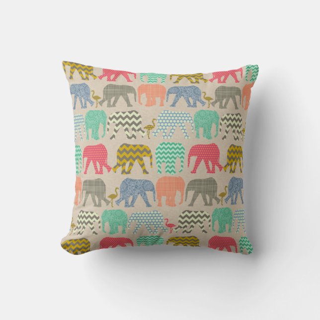 linen baby elephants and flamingos cushion (Front)