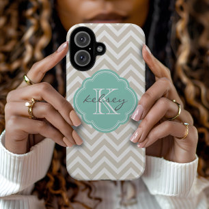 Linen Beige and Aqua Chevron Custom Monogram iPhone 16 Case