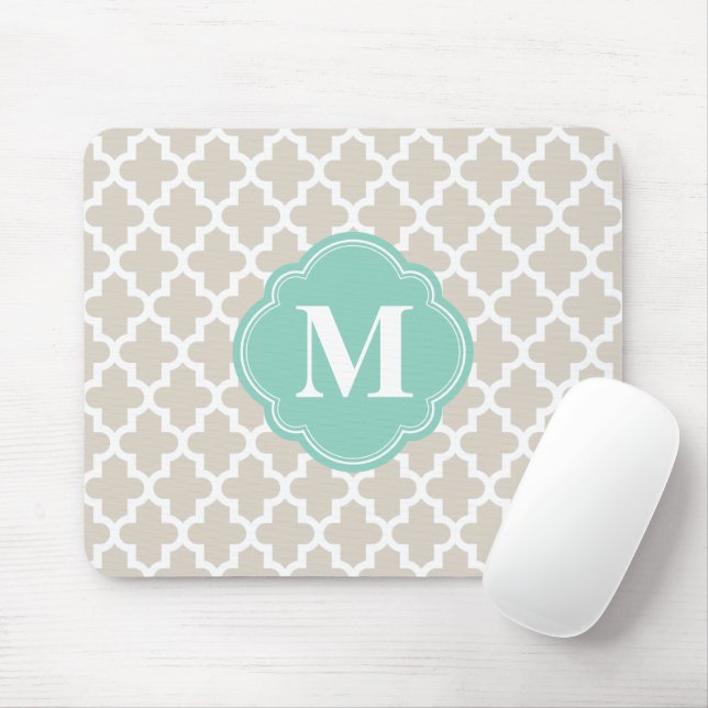 Linen Beige and Aqua Moroccan Custom Monogram Mouse Pad (With Mouse)