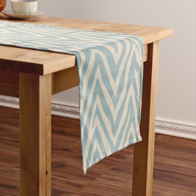 Linen Beige and Blue Zebra Print Short Table Runner (In Situ)