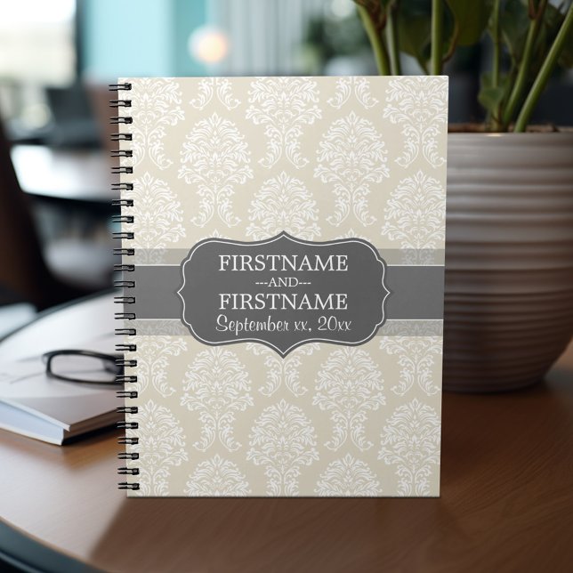 Linen Beige and Charcoal Damask Pattern Notebook (Personalized notebook with custom text - add your name and other options)