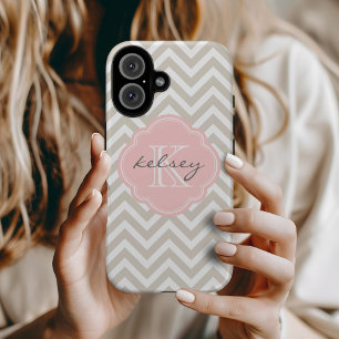 Linen Beige and Pink Chevron Custom Monogram iPhone 16 Case