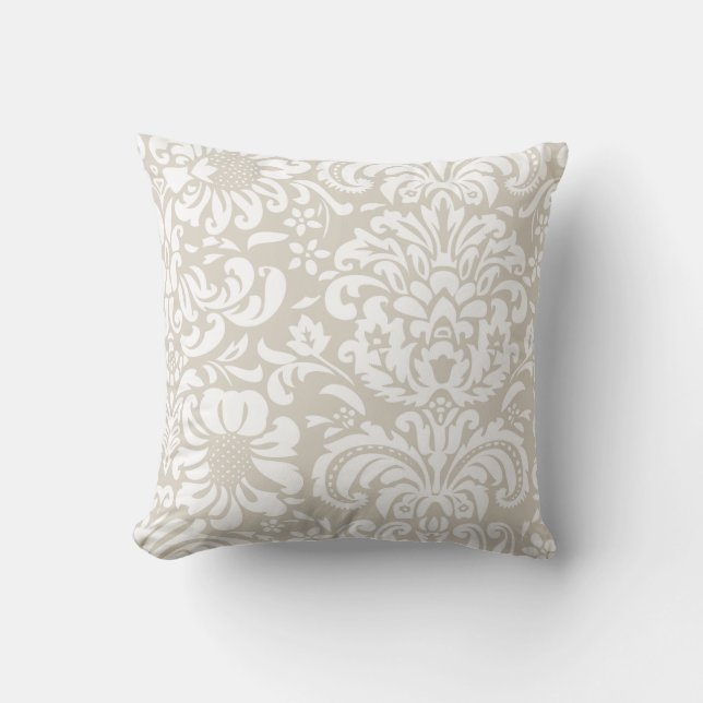 Linen Beige and White Floral Damask Cushion (Front)