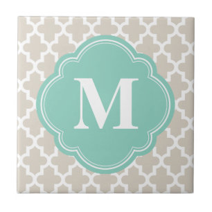 Linen Beige & Aqua Modern Moroccan Custom Monogram Ceramic Tile