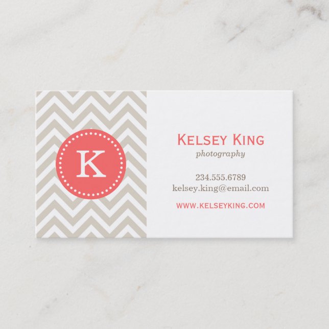 Linen Beige & Coral Chevron Custom Monogram Business Card (Front)