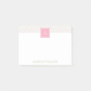 Linen Beige Diamonds and Pink Monogram Post-it Notes