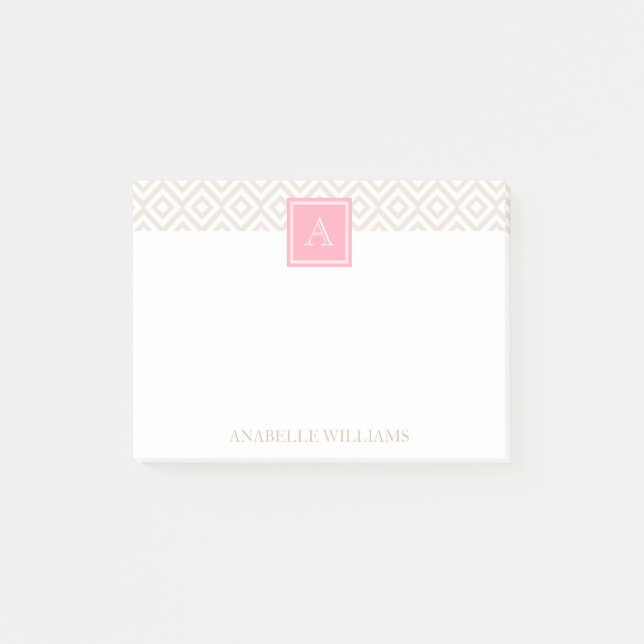 Linen Beige Diamonds and Pink Monogram Post-it Notes (Front)