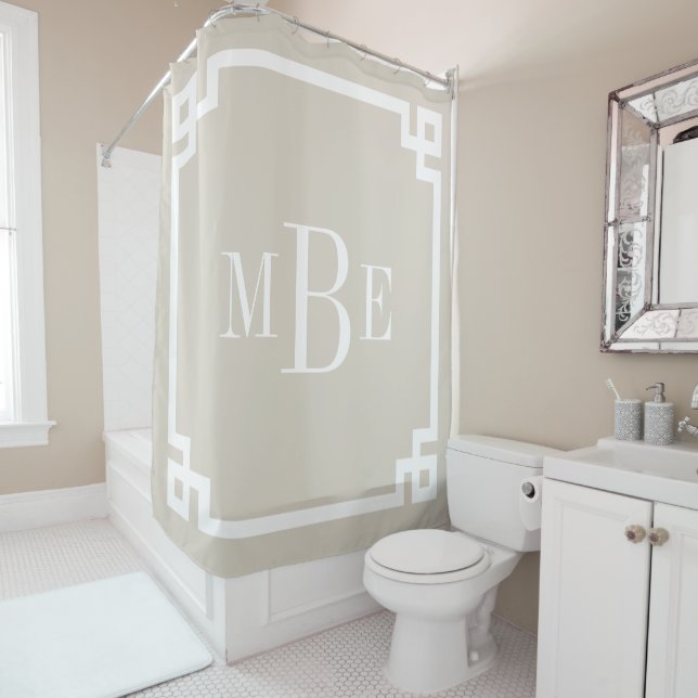 Linen Beige Greek Key Border Monogram Shower Curtain (In Situ)
