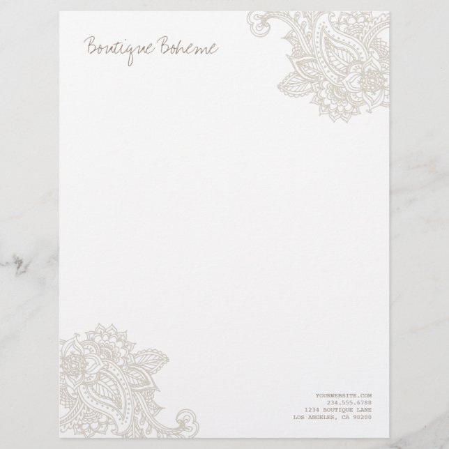 Linen Beige Illustrated Bohemian Paisley Henna Letterhead Design (Front)