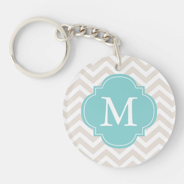 Linen Beige & Mint Zigzag Pattern Monogram Key Ring (Front)