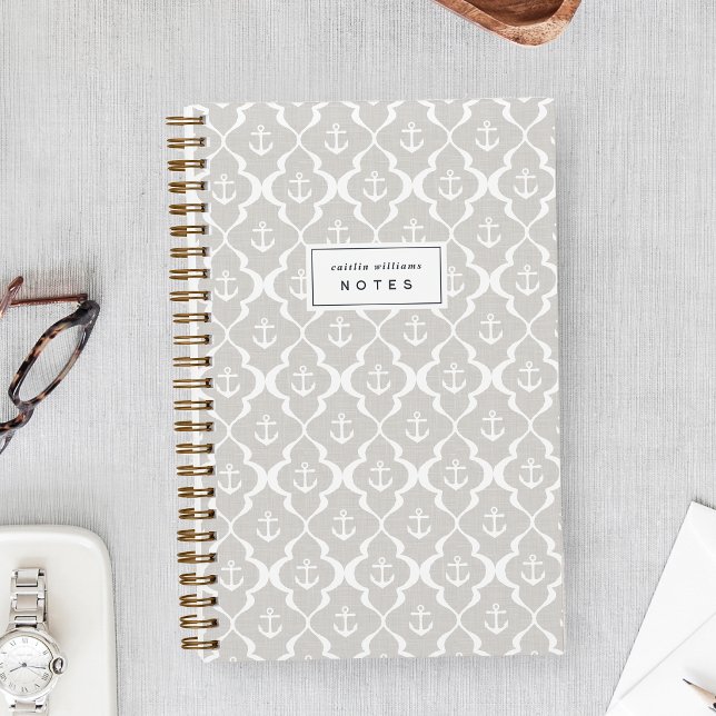 Linen Beige Nautical Anchor Ogee Personalised Notebook (Creator Uploaded)