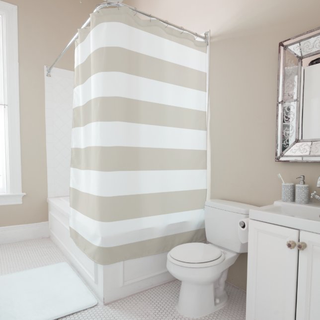 Linen Beige Wide Stripes Shower Curtain (In Situ)