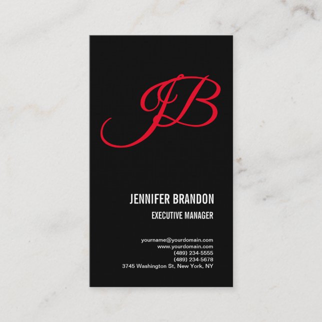 Linen Black Red Handwriting Monogram Minimalist Business Card (Front)
