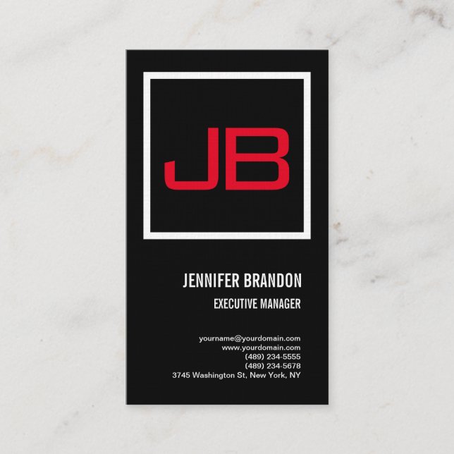 Linen Black Red Monogram Minimalist Modern Plain Business Card (Front)