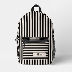 Linen Black Vintage Striped Name Printed Backpack