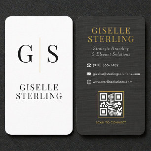 Linen Black White Gold Monogram QR Code Business Card