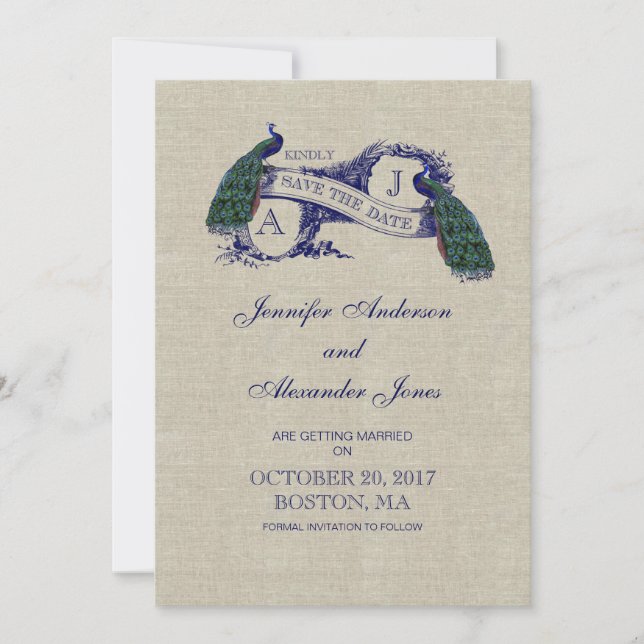 Linen Blue Peacock Save the Date Card (Front)