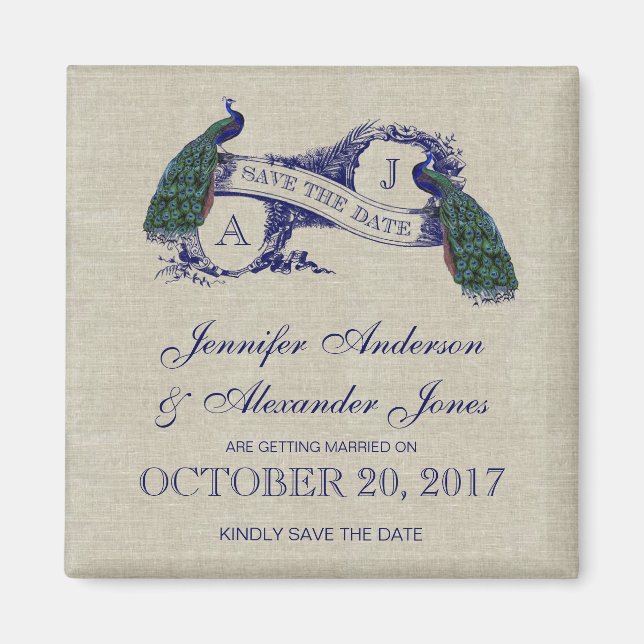 Linen Blue Peacock Save the Date Magnet (Front)