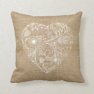 Linen burlap flower heart cushion