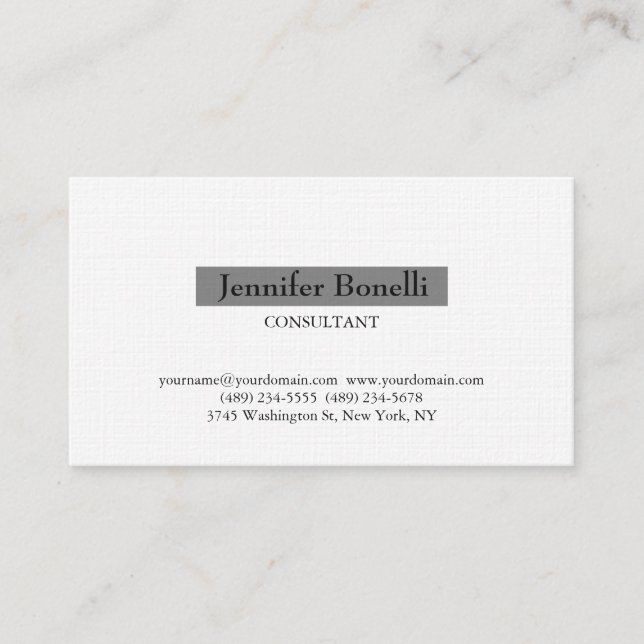 Linen Classical Simple White Grey Professional Business Card (Front)