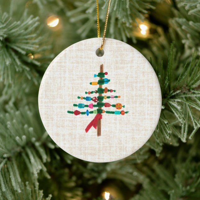 Linen Crafted Christmas Tree – Cozy Rustic Xmas Ceramic Ornament (Tree)