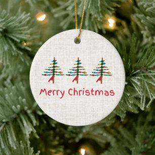 Linen Crafted Christmas Trees – Cute rustic Xmas Ceramic Ornament