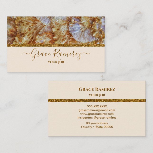 Linen | Faux Gold Glitter Marble Agate Monogram Business Card (Front/Back)