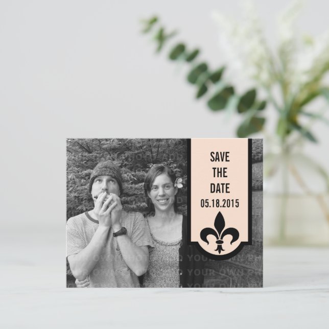 Linen Fleur De Lis Banner Save the Date Postcard (Standing Front)
