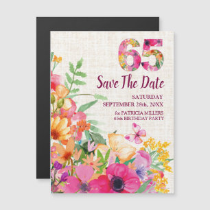 Linen Floral 65th Birthday Save the Date Magnetic Invitation