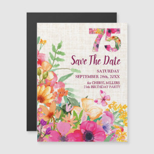 Linen Floral 75th Birthday Save the Date Magnetic Invitation