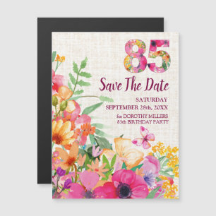 Linen Floral 85th Birthday Save the Date Magnetic Invitation