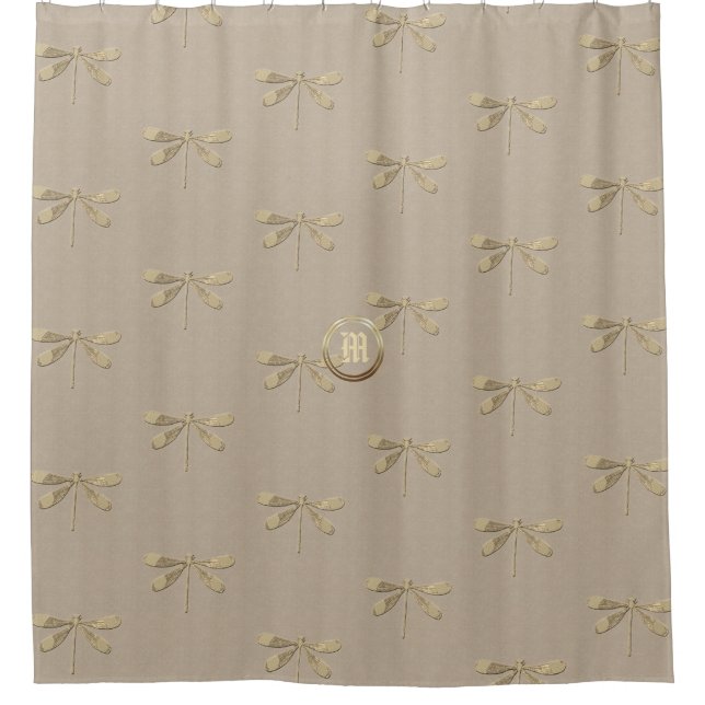 Linen Gold Dragonfly Monogram Pattern Shower Curtain (Front)