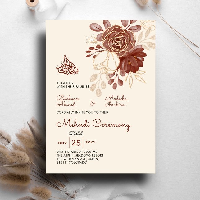 Linen Gold gliter watercolor floral Islamic Mehndi Invitation (Creator Uploaded)