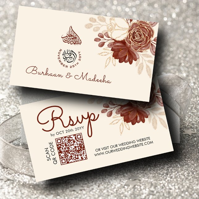 Linen gold glitter QR RSVP Islamic Wedding Website Enclosure Card (Creator Uploaded)