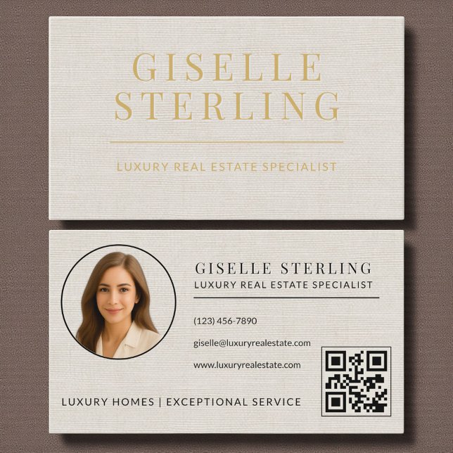 Linen Gold Real Estate Agent QR Code Photo Business Card (Creator Uploaded)
